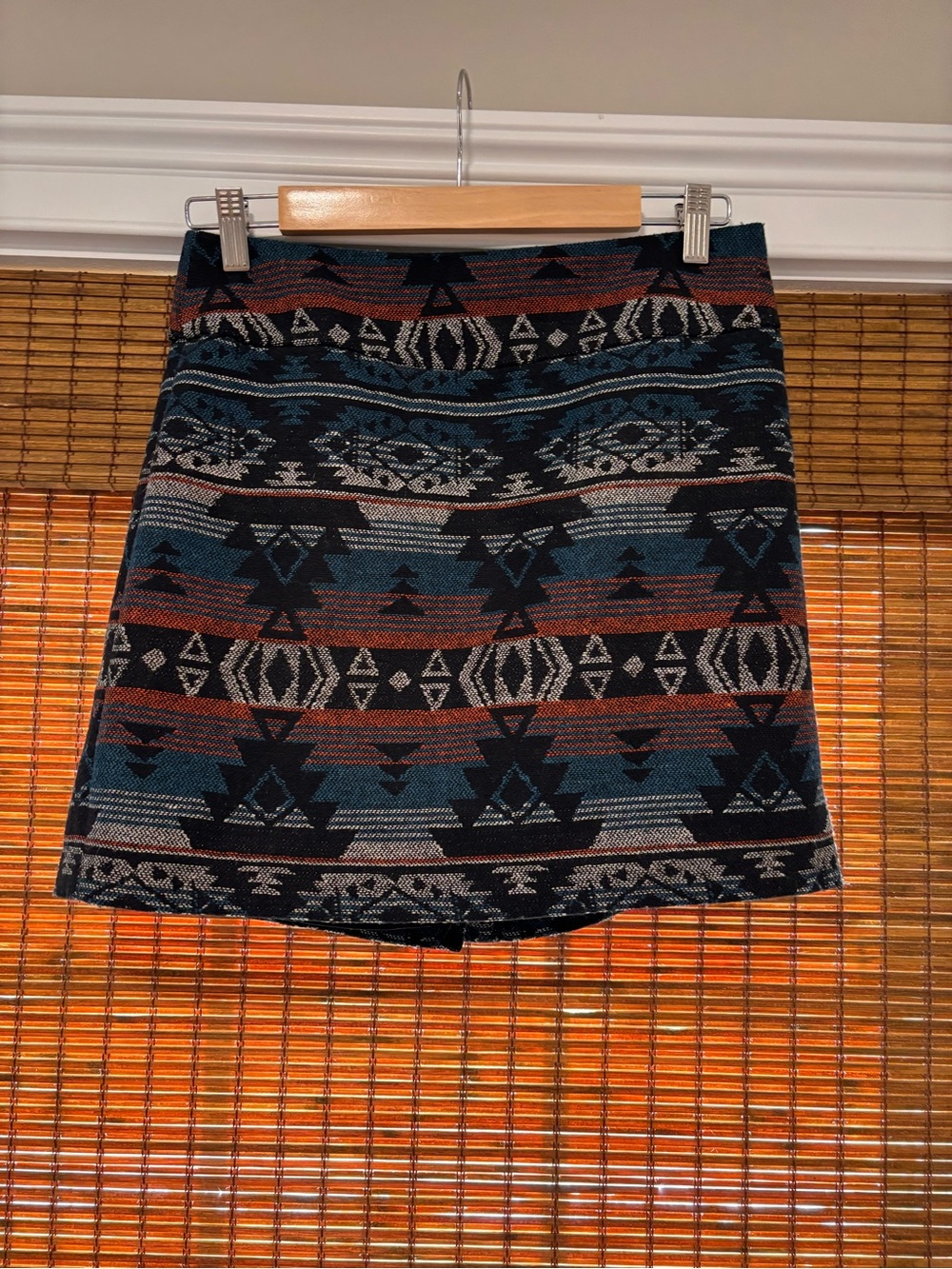 Dalia Collection Geometric Mini Skirt in Teal, Rust and Black